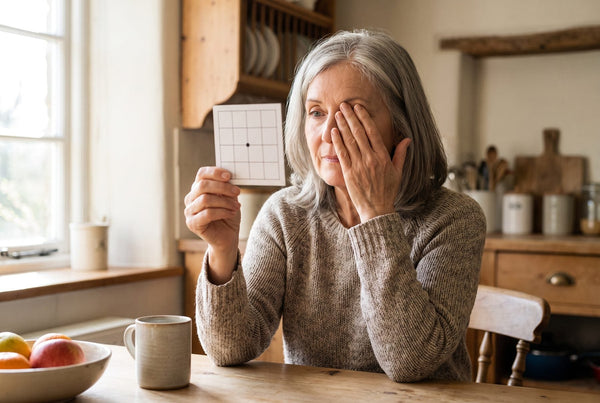 Older adult holding a printed Amsler grid at reading distance while covering one eye