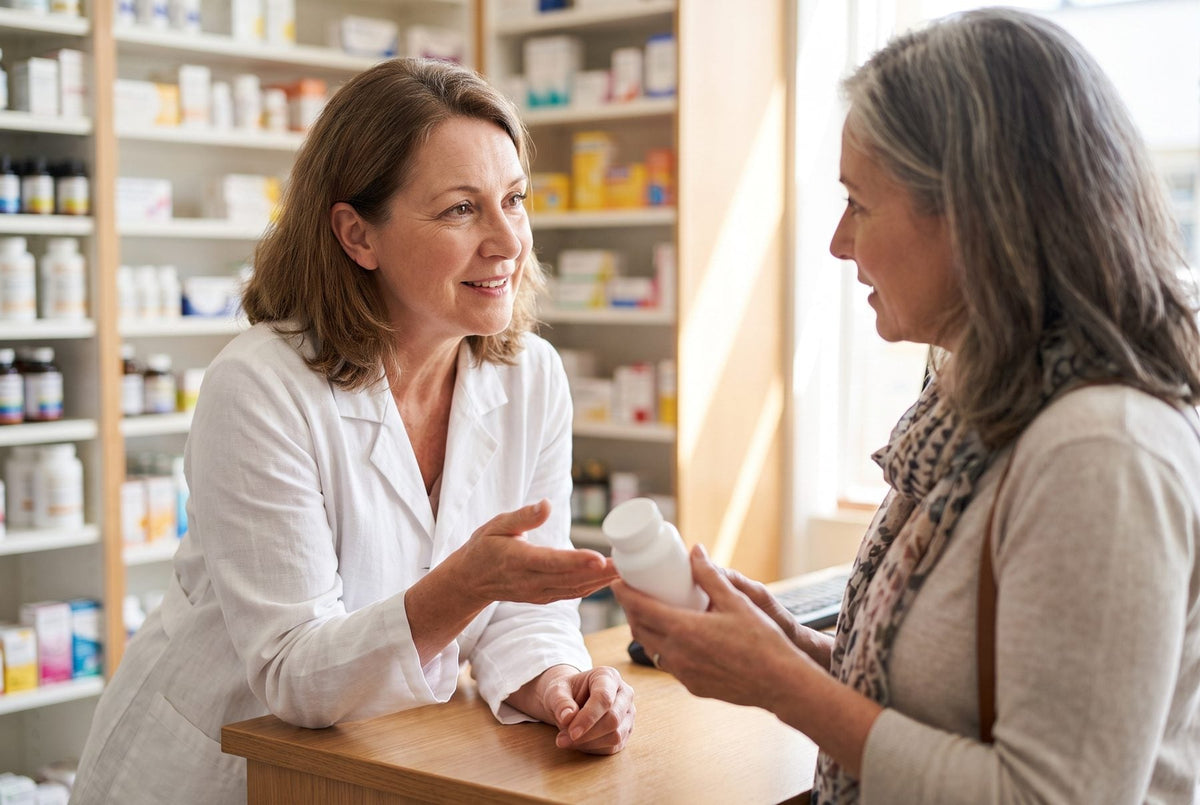 Pharmacist talking with an older woman who is holding a supplement bottle at a pharmacy counter