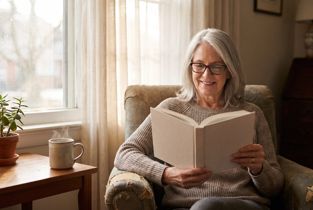 Older woman in glasses reading a book in an armchair by a sunny window