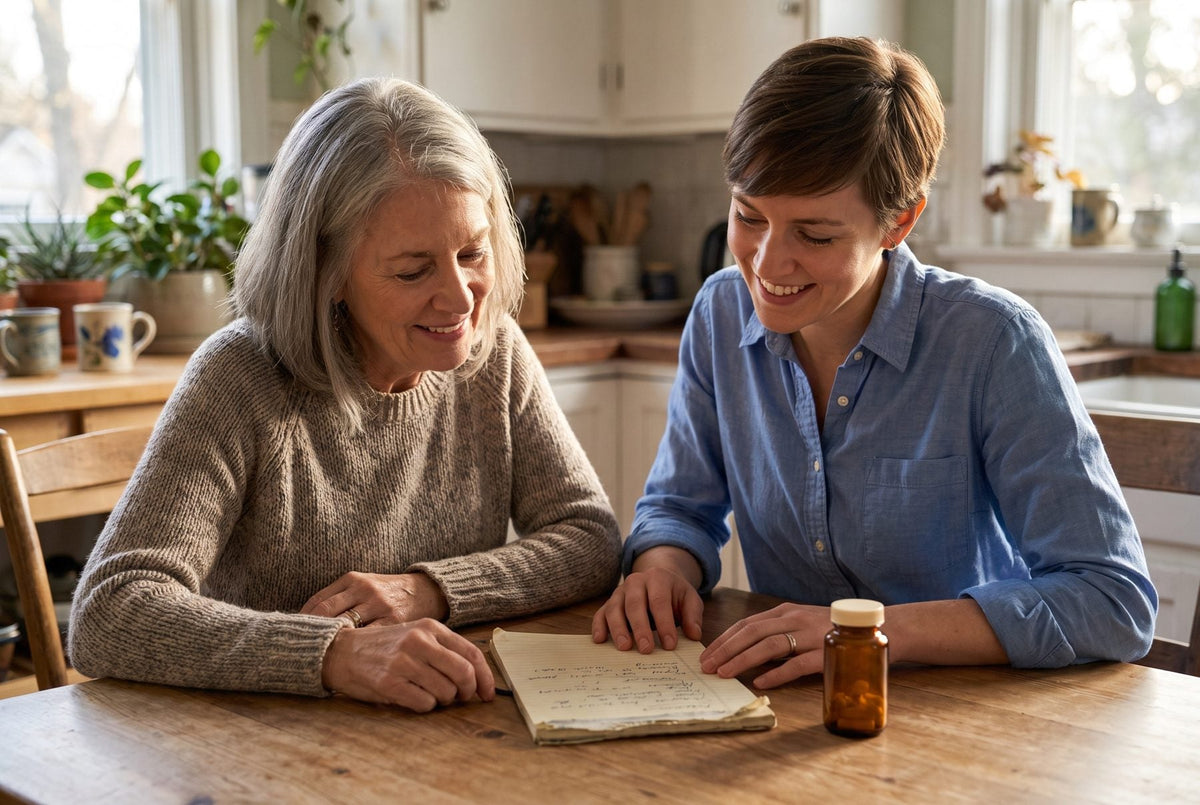 Older woman and a younger woman smiling as they review a handwritten list at a kitchen table beside an amber supplement bottle