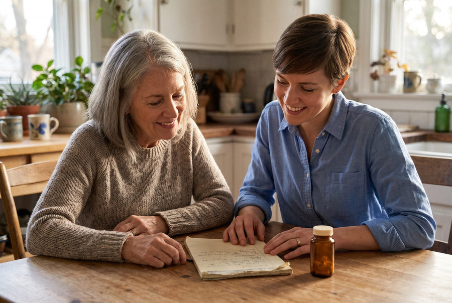 Older woman and a younger woman smiling as they review a handwritten list at a kitchen table beside an amber supplement bottle