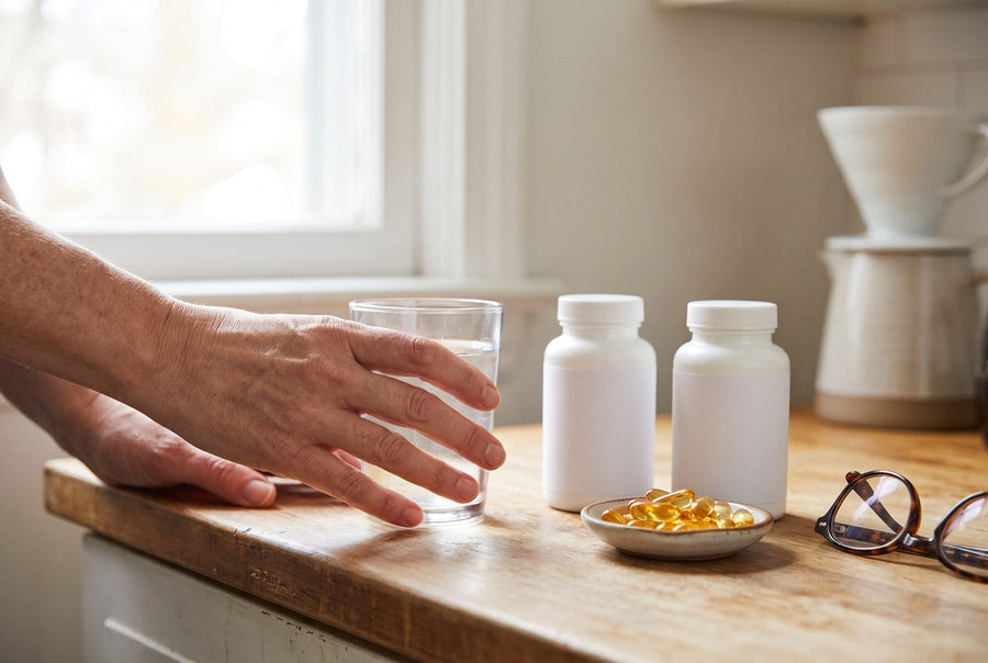 Two white supplement bottles, a small dish of softgels, a glass of water and reading glasses on a kitchen counter