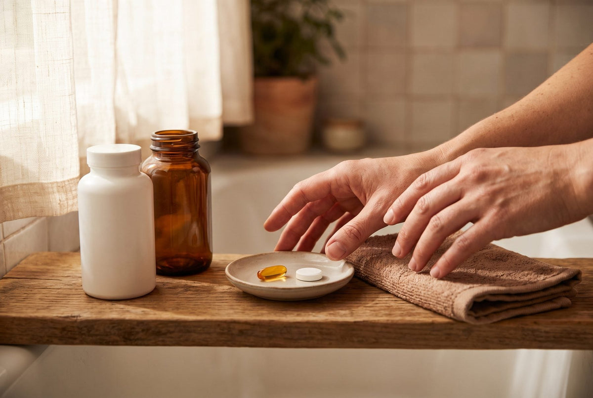 Hands reaching for a small dish holding one softgel and one tablet, next to a white bottle and an amber bottle on a wooden shelf