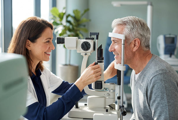 Older adult having a routine eye exam with an eye doctor
