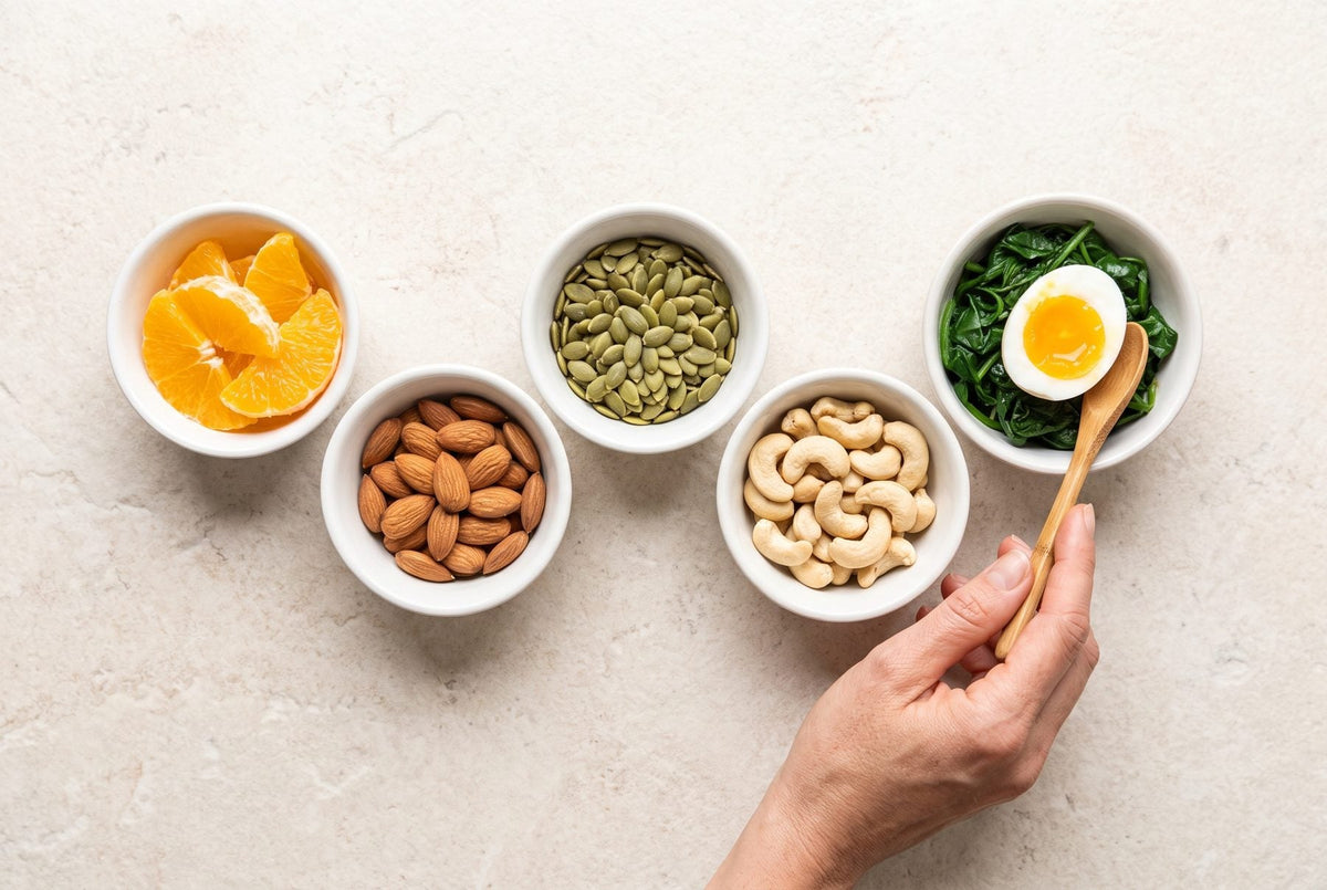 Small white bowls of orange slices, almonds, pumpkin seeds, cashews, and spinach with a soft-boiled egg