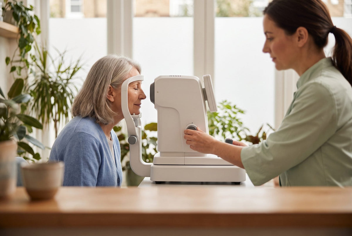 Older adult having eye pressure checked during a comprehensive eye exam