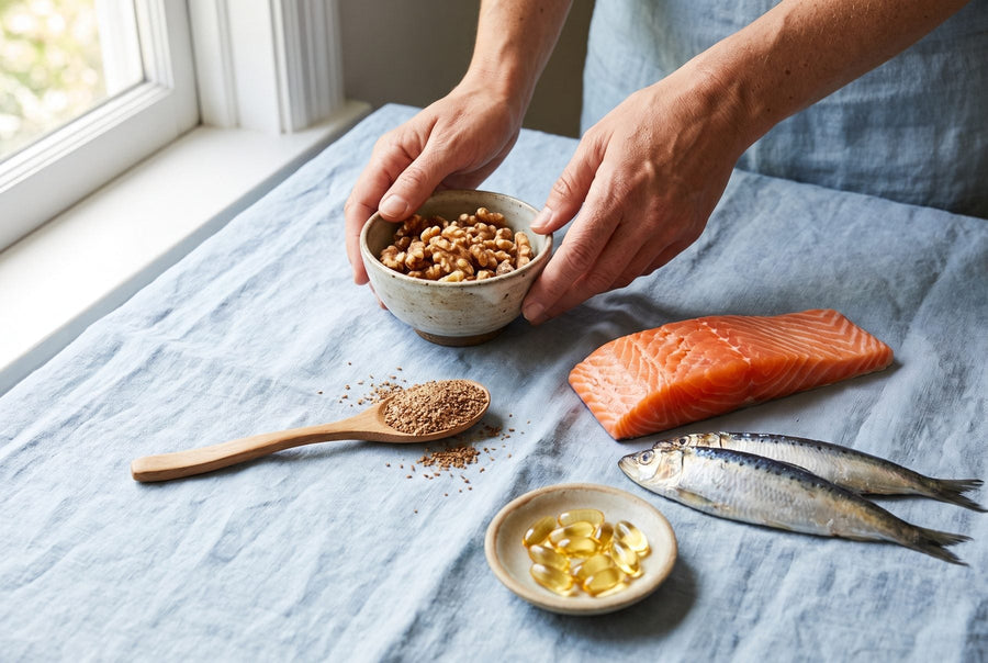Fish oil softgel capsules in a small dish beside a fresh salmon fillet on a kitchen counter
