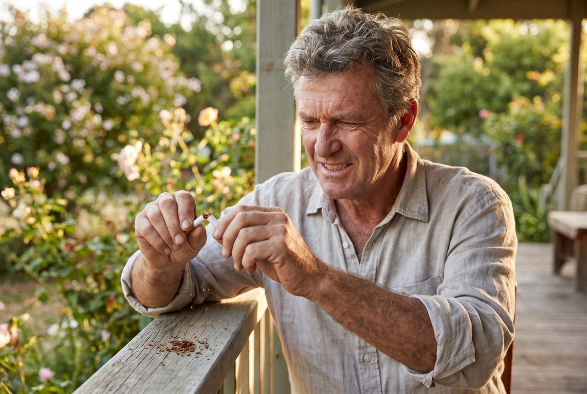 Older man outdoors breaking a cigarette in half, with a calm park in the background