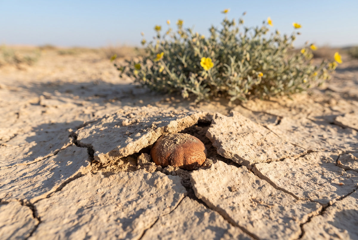 A desert truffle pushing up through cracked desert soil in early spring, with a flowering rock rose behind