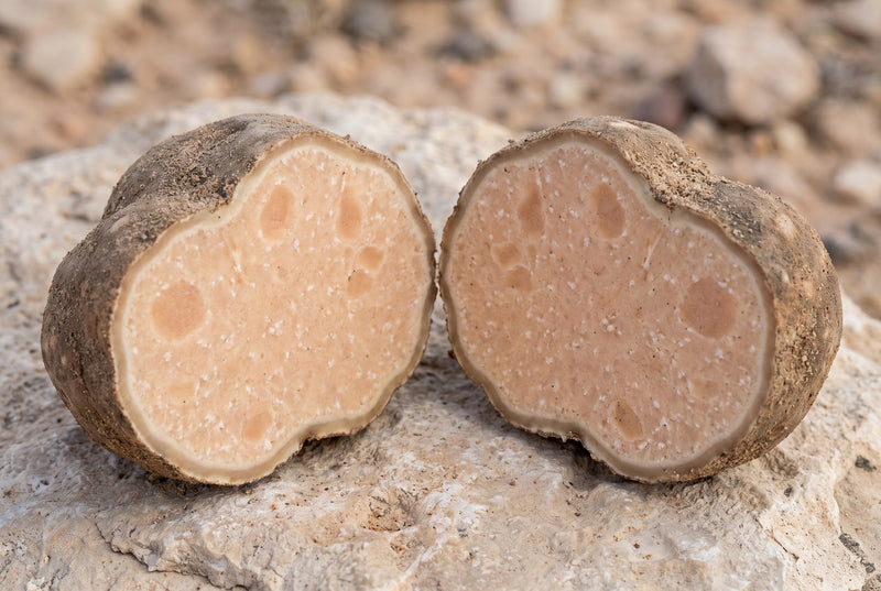 A Terfezia desert truffle cut in half, showing a thick matte brown rind around pale peach, grainy flesh with fine whitish veining