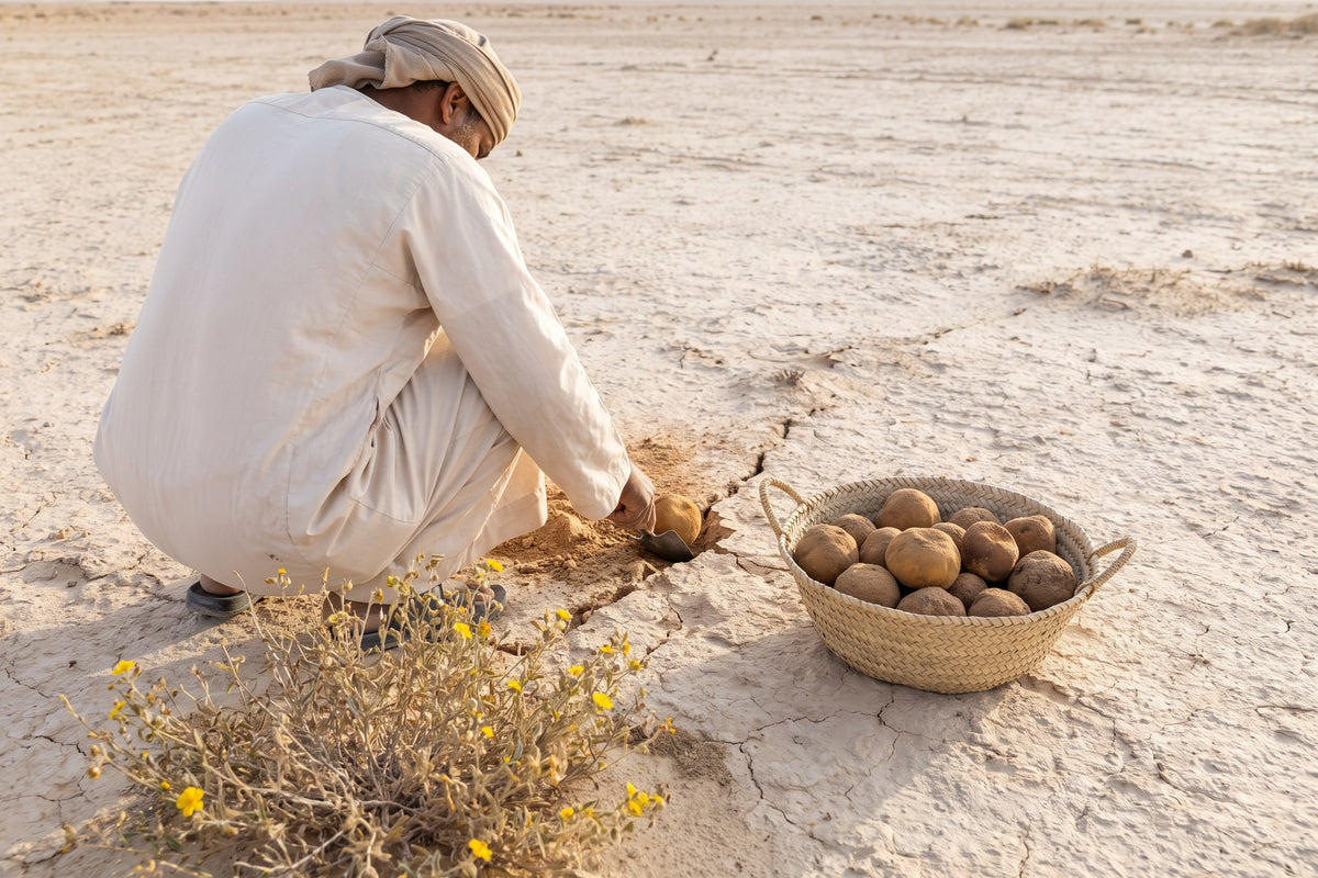 A forager digging a desert truffle out of cracked desert ground beside a basket of truffles and a flowering rock rose