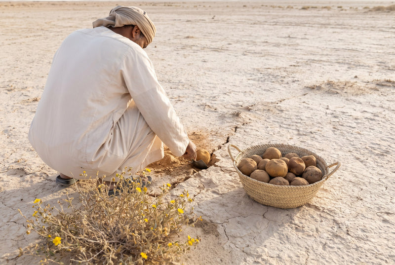 A forager digging a desert truffle out of cracked desert ground beside a basket of truffles and a flowering rock rose