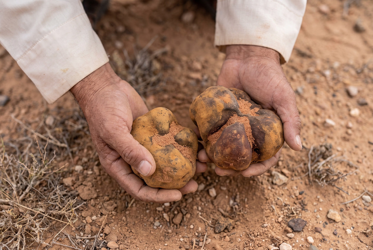 Weathered hands holding two freshly dug desert truffles with sand in their creases