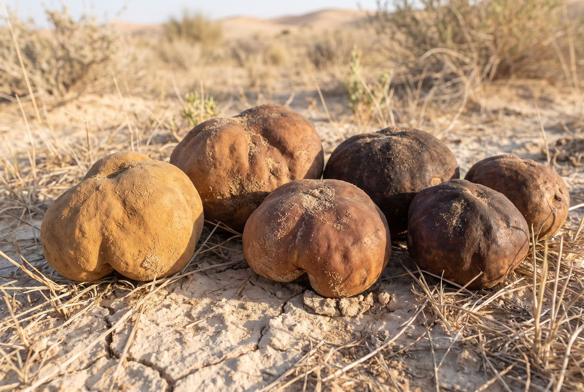 Freshly dug Terfezia desert truffles in shades from tan to dark reddish-brown on cracked desert soil