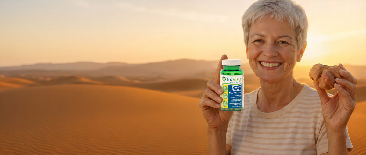 Smiling older woman in the desert at sunset holding a bottle of TruVista Desert Truffle Plus AREDS2 in one hand and a fresh desert truffle in the other